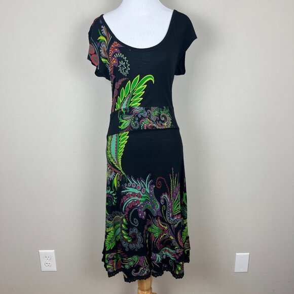 DESIGUAL Dress Women Large Black Multicolor Graphic Colorful A-Line Short Sleeve - Picture 1 of 13